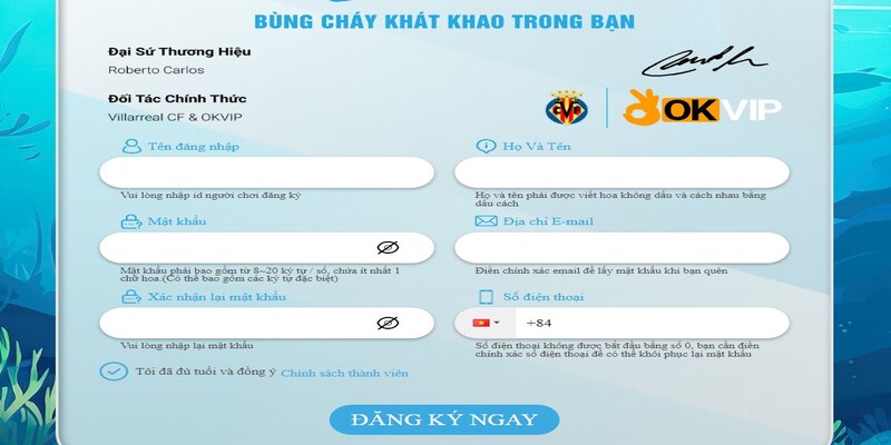 Form đăng ký chơi bắn cá 2D tại mibet